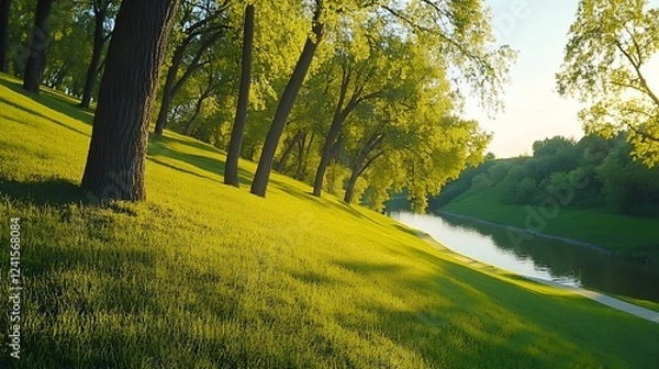 Fototapeta A peaceful park with lush green grass and trees beside a calm river, basking in the warm sunlight
