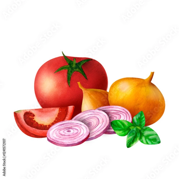 Obraz Vegetables tomatoes, onions, and fragrant green basil depicted in a watercolor composition. For sense of freshness and natural beauty. For culinary blogs, recipe books, or food-related design projects