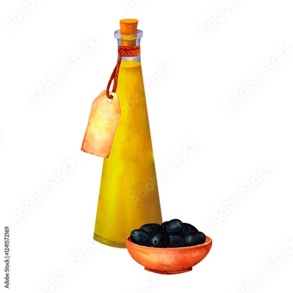 Obraz Olive oil bottle with a vintage label and a bowl of black olives, depicted in a watercolor composition rustic and natural atmosphere. Perfect for culinary blogs, packaging designs