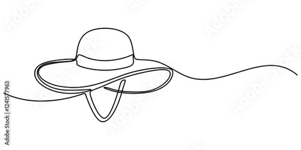 Fototapeta Sun Hat Single Line Icon, Boater Hat Continuous Line Icon, Women's sun hat in continuous line art drawing style. Women's summer hat minimalistic black linear design isolated on white background. pro.