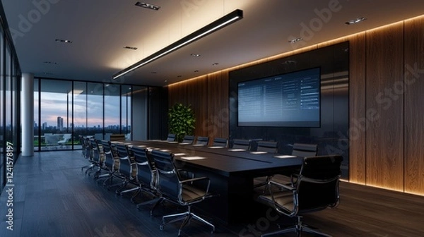 Fototapeta A large conference room with a black table and chairs, a large flat screen TV