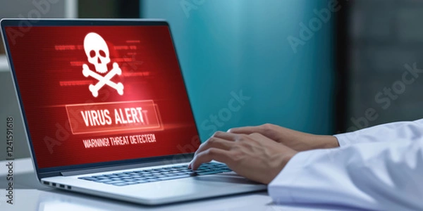 Fototapeta Virus warning alert on computer screen detected brisk cyber threat , hacker, computer virus and malware