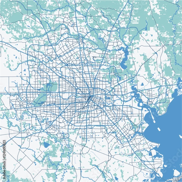 Obraz Map of Houston Metro in Texas in a professional blue style. Contains layered vector with roads water, parks, etc.