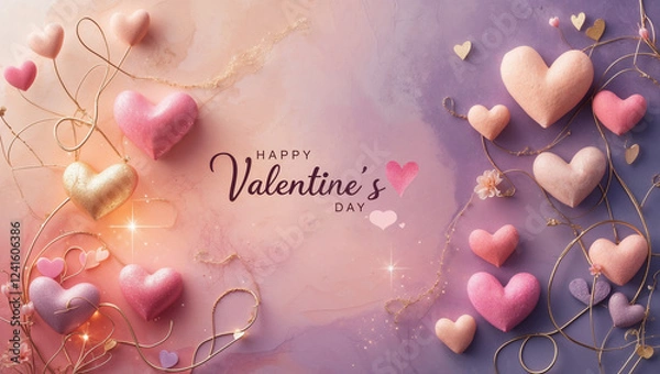 Fototapeta Happy Valentine's Day text with a beautiful romantic pink background featuring fluffy colorful hearts. Love concept, February 14 Valentine's Day greeting card banner template.