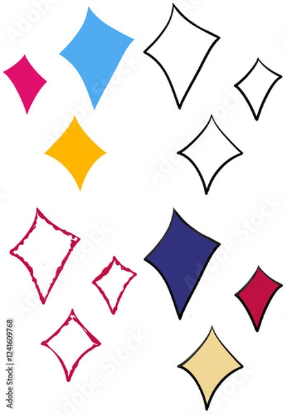 Fototapeta set of colorful Cute hand drawn three colorful sparkling twinkling star,coloring outline and doodle, Dimond star burst icon element illustration isolated