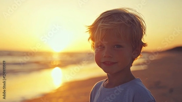 Fototapeta Blonde toddler boy joyfully walking along a sandy beach during a warm sunset, with sunlit waves gently lapping at the shore, vibrant golden hues.