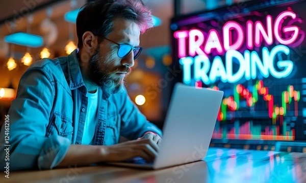 Obraz Caucasian male trader in glasses working on laptop at night, illuminated by neon trading sign and stock market charts with blue and pink lighting.
