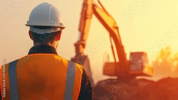 Obraz Construction worker observing machinery at sunrise.