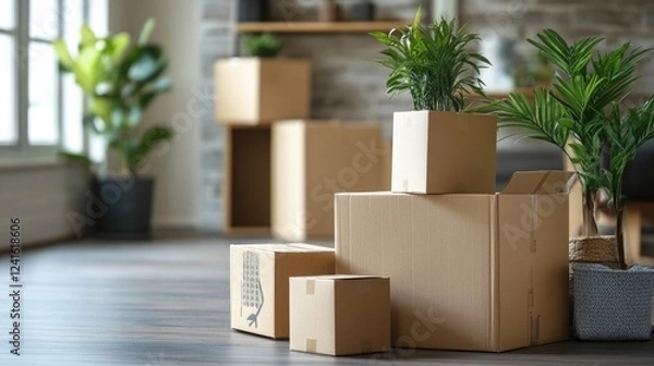 Fototapeta Happy Asian family unpacking cardboard boxes and smiling in a bright new home with greenery, symbolizing relocation and fresh beginnings.