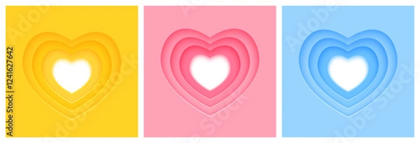 Obraz Set of paper hearts frame on pink blue and yellow backgrounds for Valentines day and wedding lovely greeting card design