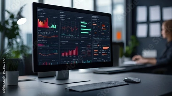 Obraz Data analysis display on a modern computer screen in an office.