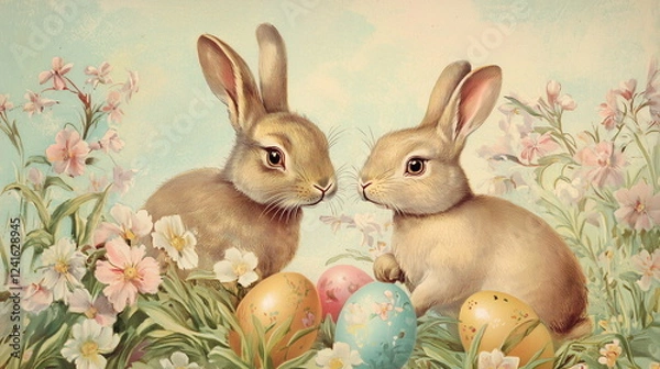Fototapeta easter bunny and easter eggs postcard