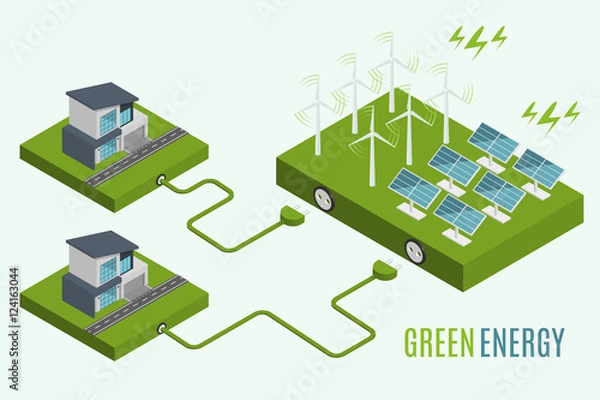 Fototapeta Houses with alternative Eco Green Energy, flat 3d web isometric infographic concept. Wind Turbines and Solar Panels set. Vector illustration