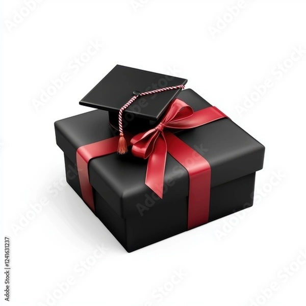 Obraz graduation-themed gift box with a tiny graduation cap and diploma ribbon, isolated on white
