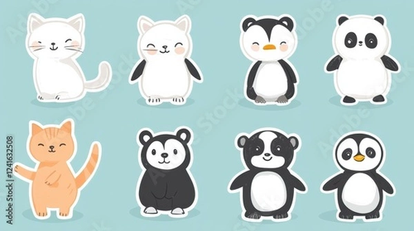 Fototapeta Cute animal stickers featuring various characters on a light blue background perfect for decorating and personalizing items. Generative AI