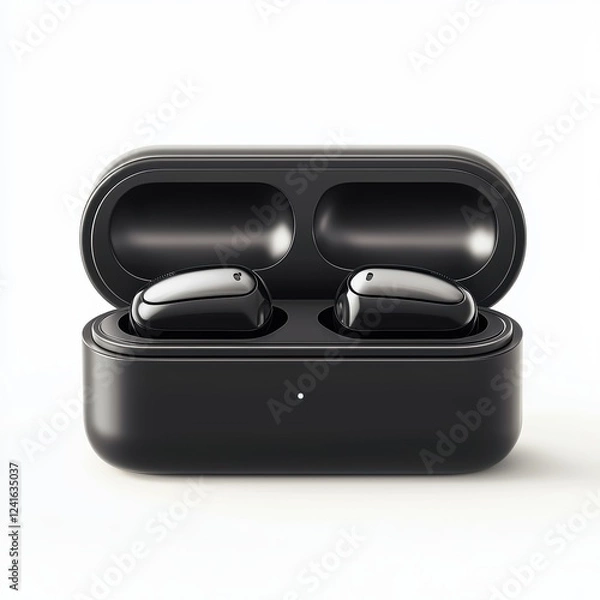 Fototapeta Pair of wireless earbuds in a sleek charging case, isolated on a bright white background