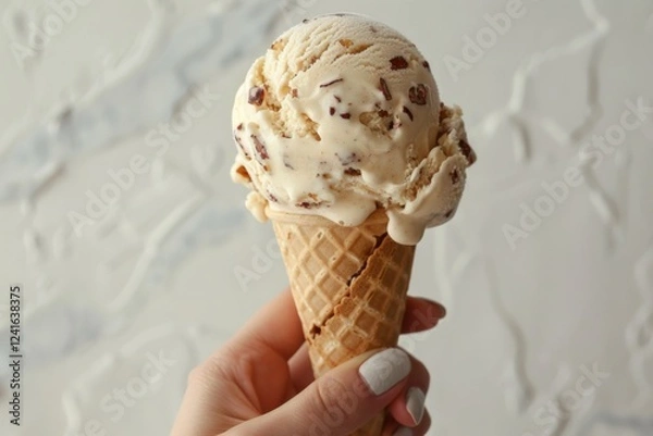 Fototapeta Hand of a woman holding a caramel pretzel ice cream cone on a white background, the mix of salty and sweet standing out