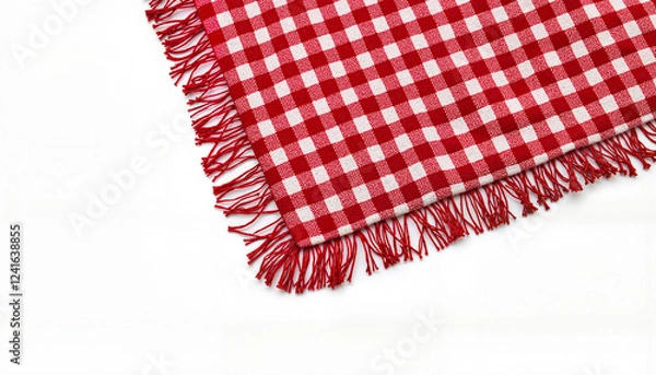 Fototapeta Red and white checkered tablecloth with fringed edges