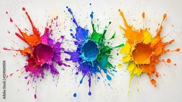 Fototapeta Colorful paint splashes create vibrant patterns on a white background showcasing artistic expression and creativity
