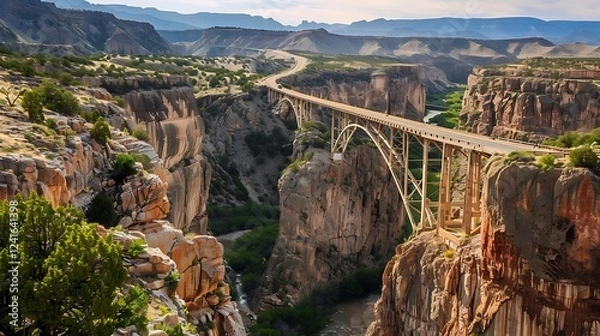 Fototapeta A highway bridge arching over a deep canyon, with dramatic rock formations and a river far below.