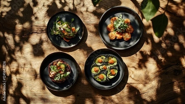 Obraz   Three plates of food sit on a wooden table next to a potted plant and a pot with a pot inside it