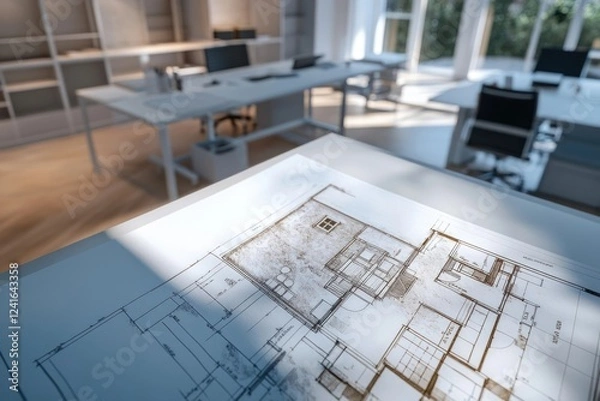 Fototapeta Architectural blueprint of a modern office space design, showcasing workstations and layout.