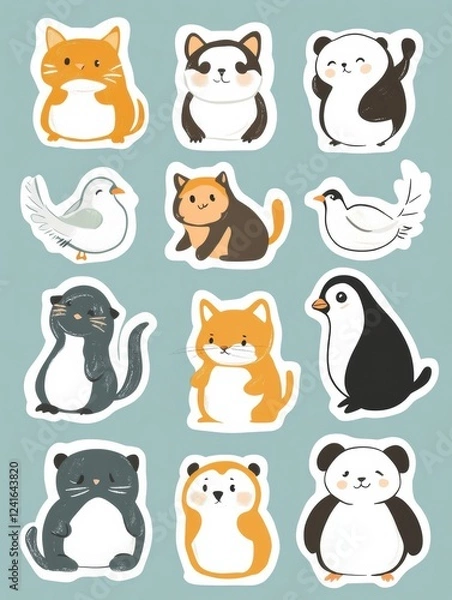 Obraz Cute animal stickers featuring cats, pandas, and birds on a pastel background for creative projects. Generative AI