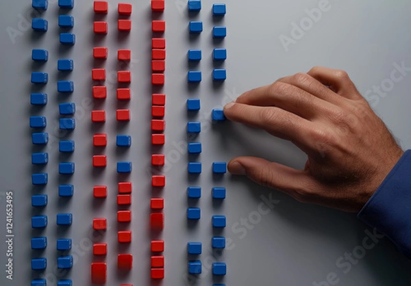 Obraz Hand arranging red and blue cubes in pattern representing social division or political polarization