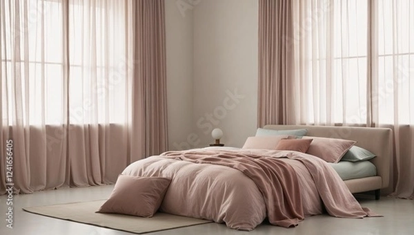 Fototapeta Cozy bedroom interior with soft pink bedding and curtains in a modern style
