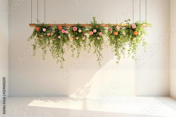 Obraz Minimalist Hanging Floral Arrangement with Peach and Pink Roses in Modern Interior