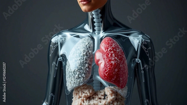 Fototapeta Anatomie des Menschen im Kontext zu Mikroplastik. Transparente Haut, um innere Organe sichtbar zu machen.
