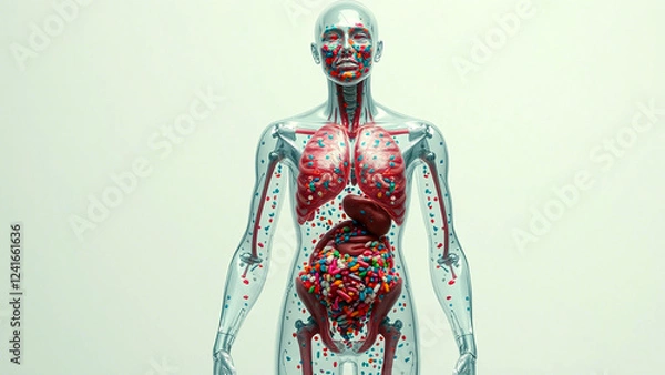 Fototapeta Anatomie des Menschen im Kontext zu Mikroplastik. Transparente Haut, um innere Organe sichtbar zu machen.