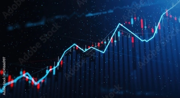 Obraz A dynamic visualization of financial market data. Candlestick charts illustrate stock price fluctuations, showcasing upward trends and potential investment growth opportunities. Data analysis tools ar