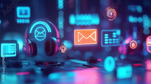 Fototapeta 3D icons of headsets, emails, and phones in a digital landscape-3