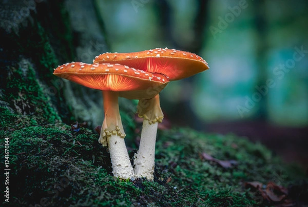 Fototapeta Glowing fly agaric mushrooms in the woods in an autumnal scene with atmospheric light