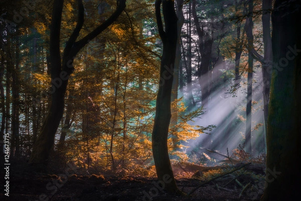 Fototapeta Sunlight rays Filtered Through thick canopy of old and mystical beech trees