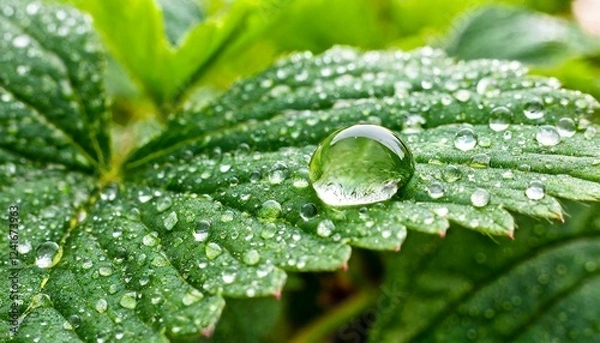 Obraz Close-up of a dewdrop on a fresh green leaf, macro photography style, ultra-HD