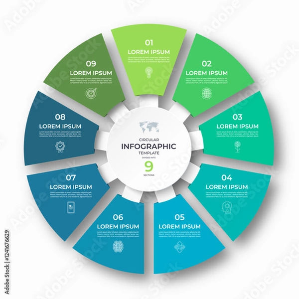 Obraz Vector infographic circular template divided into 9 sections, parts. Cycle diagram with 9 options. 9-step round chart. Suitable for use in presentations, reports, visualizing data, marketing materials