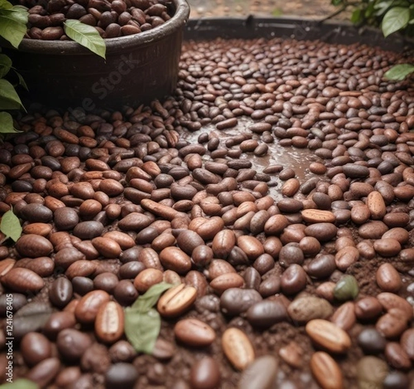 Obraz Cocoa beans fermenting in a pit with muddy water and leaves, water, cocoa