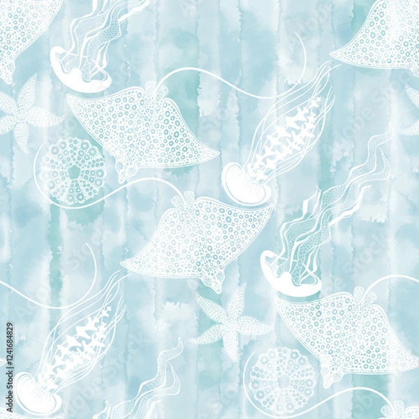 Fototapeta Seamless vector pattern with stingrays, jellyfish, starfish and sea urchins on blue watercolor background. Sea stylish background.  Perfect for wallpaper, wrapping, fabric, print and textile. 