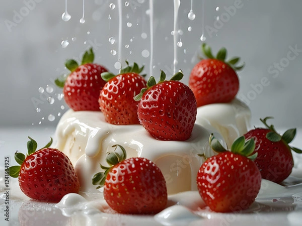 Obraz A mesmerizing and dreamlike scene featuring dozens of ripe, vibrant strawberries suspended in mid-air, surrounded by delicate, swirling splashes of milk that appear frozen in time, captured in a high-