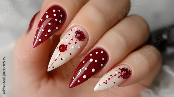 Fototapeta A photo of a red and white flower nail design with polka dots
