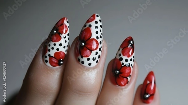 Fototapeta A photo of a red and white flower nail design with polka dots

