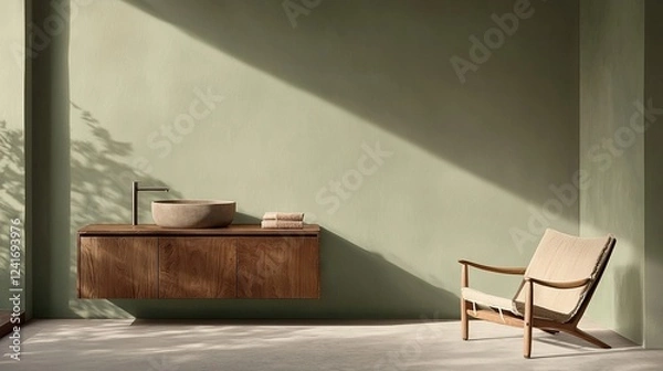 Fototapeta  A chair sits before a green wall and beside a wooden cabinet, atop which rests a bowl