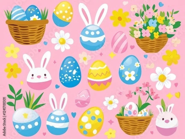 Obraz Easter background: pattern elements, Easter theme with repeating elements: Easter eggs, bunnies, flowers and baskets. Pattern for Easter decor, gift wrapping.