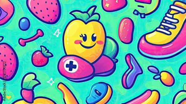 Fototapeta Happy mango health app icon amidst fruit, sneakers, and bones on teal background