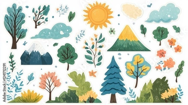 Fototapeta Colorful collection of nature themed stickers featuring mountains, trees, flowers, and sun illustrations for creative projects. Generative AI