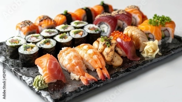 Fototapeta Detailed close-up of sushi varieties like dragon rolls, spicy tuna, and cucumber maki on a glossy black plate, set against a bright white background
