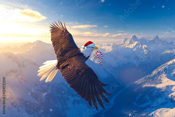 Obraz Merry Christmas concept holiday card - Soaring eagle with a Santa hat, holding a candy cane in its talons, gliding over a snowy mountain landscape on a twilight background