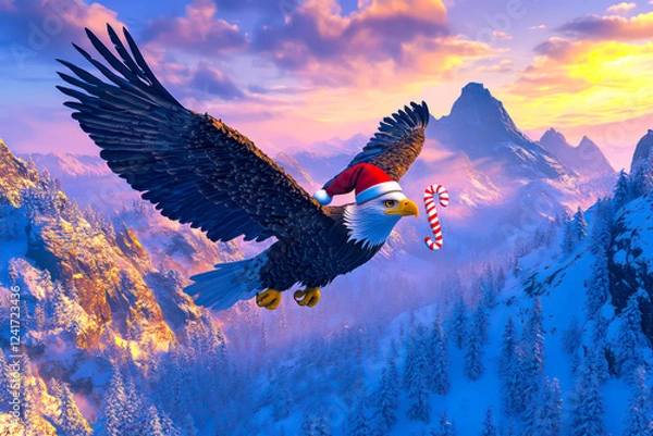 Obraz Merry Christmas concept holiday card - Soaring eagle with a Santa hat, holding a candy cane in its talons, gliding over a snowy mountain landscape on a twilight background